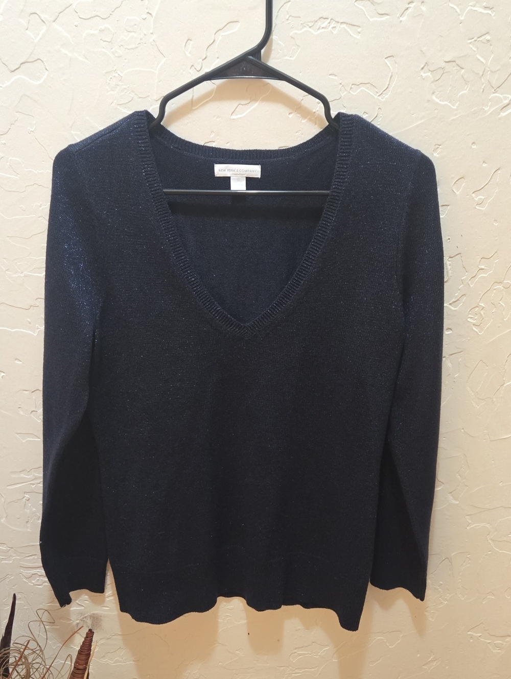 New York & Company Navy V-Neck Metallic Knit Sweater